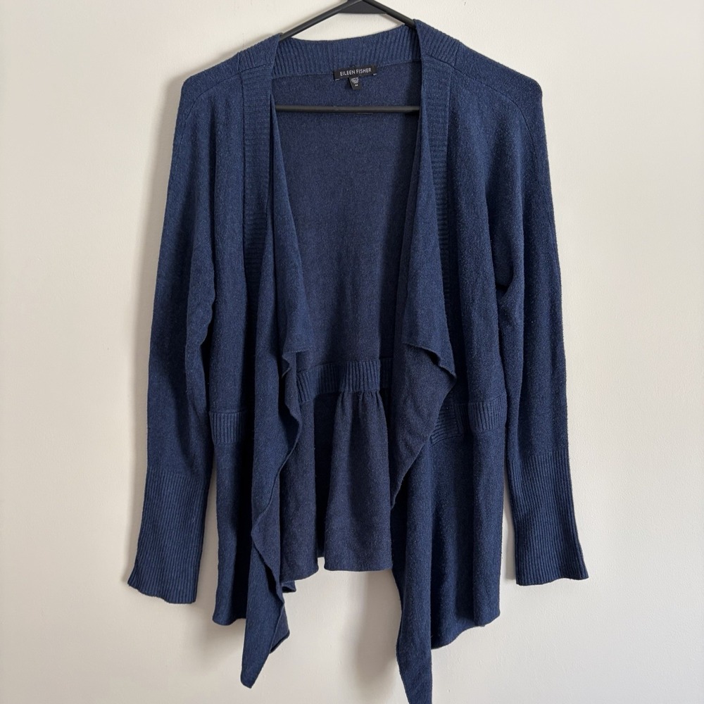 Eileen Fisher Blue Waterfall Open Front Lightweight Cardigan Medium Long‎ Sleeve